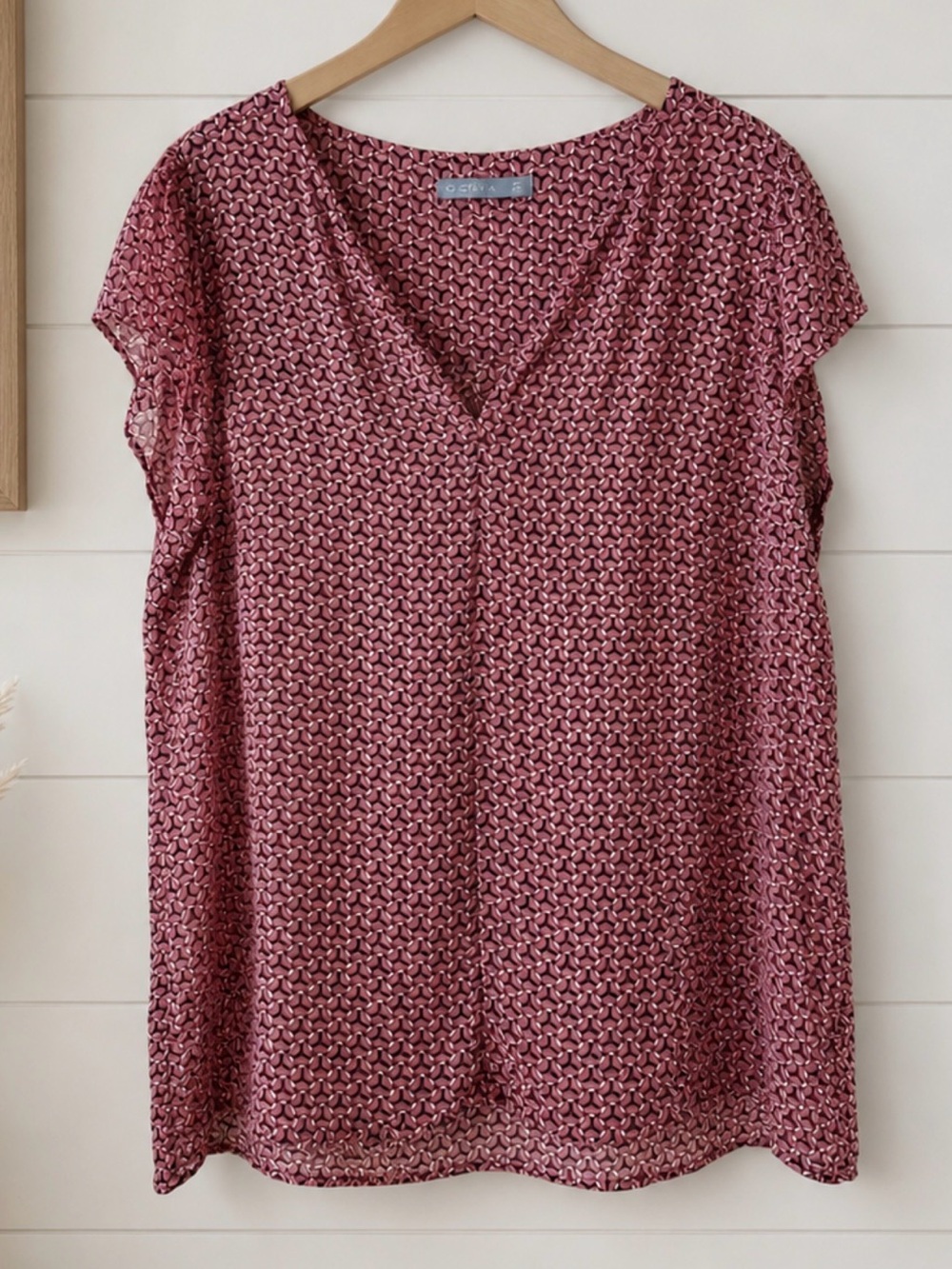 Octavia Sheer Pink Geometric Blouse V-Neck Flowy Lightweight Top Boho Chic